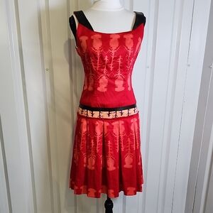 Sophie Theallet Cotton and Leather Red and Black Patterned Dress Size US8 EU40
